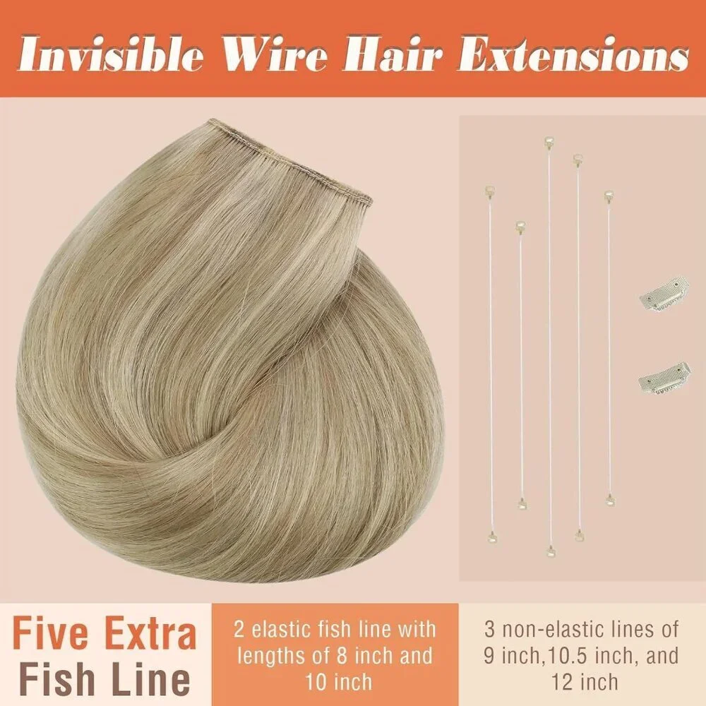 Human Hair Extensions Golden Blonde 18 Inch Clip-in Invisible Wire Versatile
